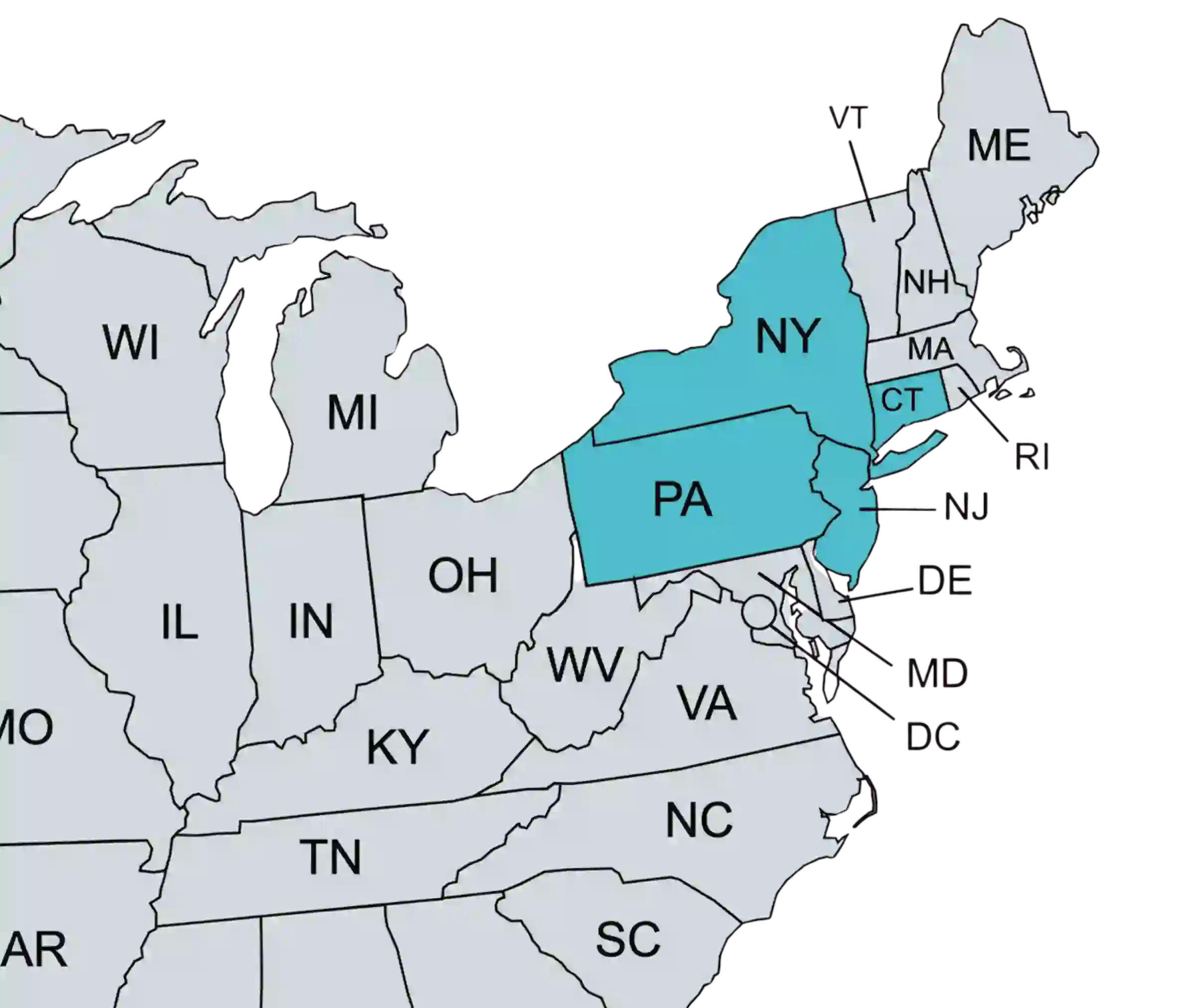 Map of US states with NY, NJ, CT, and PA highlighted for mechanic's lien services.